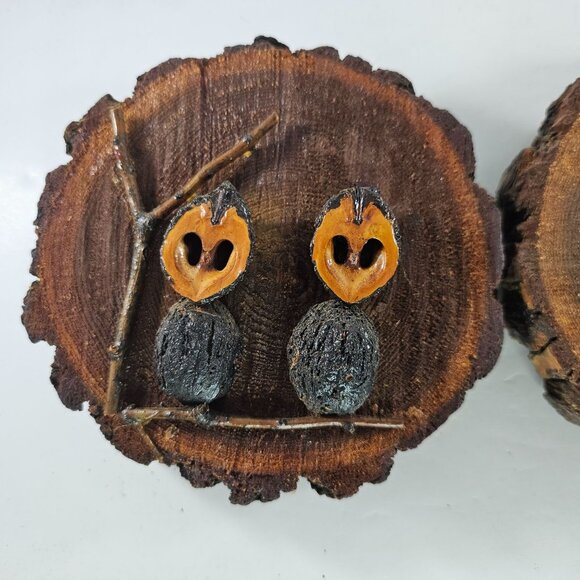 Handcrafted Wood Walnut Owl Wall Art Rustic Decor Set of 2 Nature Folk Art - Picture 2 of 10